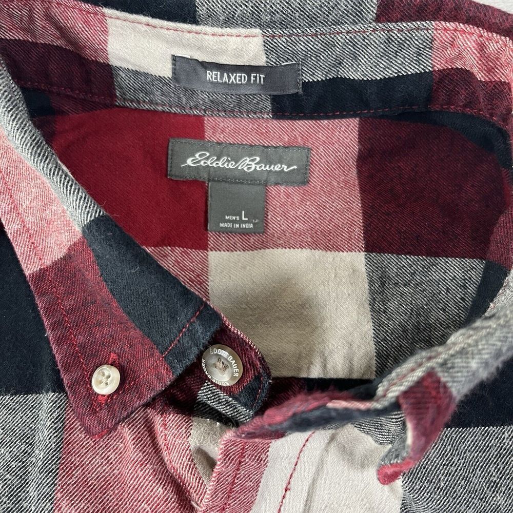 Eddie Bauer Men's Flannel‎  Red Black Plaid Shirt L Long Sleeve Fall